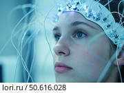 Patient undergoing brainwave monitoring with eeg headset in neurological clinic. Стоковое AI-изображение, AI-художник Иван Рябоконь / Фотобанк Лори