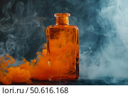 Orange smoke filling a corked glass bottle on dark background. Стоковое AI-изображение, AI-художник Иван Рябоконь / Фотобанк Лори