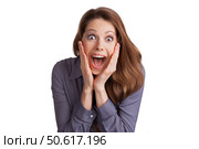 Woman with a very surprised face on a white background. Стоковое фото, фотограф Дмитрий Киселёв / Фотобанк Лори