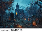 Halloween pumpkins lighting up spooky graveyard at dusk with church in background. Стоковое AI-изображение, AI-художник Иван Рябоконь / Фотобанк Лори