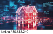 Vivid digital rendering of house in glowing red wireframe surrounded by abstract blue data streams, symbolizing smart home technology and secure interconnected living. Стоковое AI-видео, аниматор Елена Никишина / Фотобанк Лори