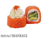Sushi closeup isolated on white background. Sushi roll with salmon or trout with avacado or celery and decorated with Philadelphia cheese. Japanese restaurant menu. Стоковое фото, фотограф Лазаренко Светлана / Фотобанк Лори