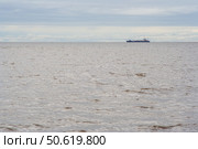 Грузовое судно плывёт по морю. Контейнеровоз на горизонте. Транспортная логистика и грузоперевозки по морю. Анадырский залив, Берингово море, Дальний Восток России. Стоковое фото, фотограф Андрей Степанов / Фотобанк Лори