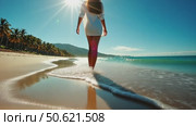 Camera follows woman walk barefoot on beautiful calm sandy beach at resort or hotel. Ocean waves surf roll over her feet. Concept tranquility and self care in peaceful mind. Стоковое AI-видео, аниматор Sergey Grishin / Фотобанк Лори