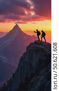 Amazing and inspiring romantic sunset over high mountains. Two people hike and camp, walk on crest edge of mountain peak, reaching goal or finish line. Motivation concept. Стоковое AI-видео, аниматор Sergey Grishin / Фотобанк Лори