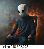 An ominous and atmospheric digital illustration or painting in dark tones depicting a figure of a man in black clothes sitting on a wooden chair. His face is hidden under a geometric mask with two rectangular slits for the eyes. The background is engulfed in fire and dark smoke, creating an unsettling and symbolic mood. The image evokes themes of isolation, internal struggle, loss of identity and a post-apocalyptic world. Great for horror, art drama, psychology and conceptual art. Стоковое AI-изображение, AI-художник Анна Кривицкая / Фотобанк Лори