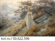 An elegant woman in a long light dress walks along a hillside, surrounded by dry grass and curved trees. The landscape resembles autumn or early winter nature with soft, muted shades. The atmosphere is filled with calm, melancholy and a slight fairy tale. The woman seems to have come out of an old legend or a romantic story. The artistic style of the image emphasizes subtle detailing and a dreamy mood. Ideal for themes of beauty, nature, fairy tales, romance and retro aesthetics. Стоковое AI-изображение, AI-художник Анна Кривицкая / Фотобанк Лори