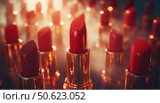 A lot of passion red lipsticks on glamour luxury blurred lights background, top view. Beauty industry and fashion concept. Copy space. Advertisement for makeup artists. Стоковое AI-изображение, AI-художник Ирина Михайличенко / Фотобанк Лори
