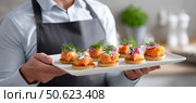 Chef holding tray of smoked salmon canapes with dill and red onion. Стоковое AI-изображение, AI-художник Юрий Поздников / Фотобанк Лори
