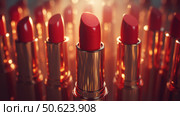 A lot of passion red lipsticks on glamour luxury blurred lights background, top view. Beauty industry and fashion concept. Copy space. Advertisement for makeup artists. Стоковое AI-изображение, AI-художник Ирина Михайличенко / Фотобанк Лори