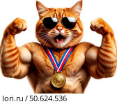Рыжий кот в солнцезащитных очках с золотой медалью. Стоковое AI-изображение, AI-художник Валерий Ячин / Фотобанк Лори