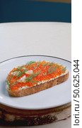 Cream cheese toast garnished with bright red caviar, delicate dill sprigs decorating crisp surface, elegantly presented on white ceramic plate with dark border. Стоковое видео, видеограф Данил Руденко / Фотобанк Лори