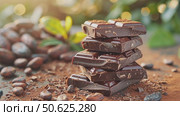 Stack of dark chocolate bars sits on surface dusted with cocoa powder and surrounded by cocoa beans. Ideal for themes of chocolate making and gourmet treats. Стоковое AI-видео, аниматор Елена Никишина / Фотобанк Лори