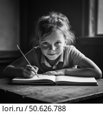 Девочка с веснушками сидит за столом и рисует. Ретростиль. A girl with freckles is sitting at a table and drawing. Retro style. Стоковое AI-изображение, AI-художник Смирнова Светлана / Фотобанк Лори