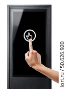Hand pressing touchscreen icon on black kiosk screen, illustrating modern interaction, digital interface, and self-service technology in a clean, minimal design. Стоковое AI-изображение, AI-художник Катерина Бондарец / Фотобанк Лори