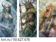 A fantasy triptych illustration in watercolor technique depicting three epic characters - two powerful female warriors and a bearded warrior with a staff. Each figure is designed on a separate panel, which creates the impression of ancient myths or legends. The woman on the left personifies the elements of water and ice, the central character in moss and a horned helmet resembles a druid or a forest god, and the woman on the right is a fiery and brave warrior with golden hair and a sword. The atmosphere of mysticism, power and ancient legends makes the image ideal for illustrations for books, games and mythological themes. Стоковое AI-изображение, AI-художник Анна Кривицкая / Фотобанк Лори
