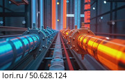Industrial blue and orange metal pipes transporting hot and cold liquids inside a modern factory, with glowing lights and blurred background. Стоковое AI-видео, аниматор Sergey Grishin / Фотобанк Лори