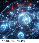 Atom with rotating electrons, energy and matter concept background. Стоковое AI-изображение, AI-художник Михаил Коханчиков / Фотобанк Лори