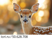 Adorable portrait of a little fawn against a golden bokeh background, creating a feeling of warm sunset light. The young animal with soft red fur and characteristic white spots looks straight at the camera with a curious and innocent expression. The image conveys an atmosphere of nature, coziness and serenity. Suitable for childhood, wildlife, environmental protection and cute animal themes. Стоковое AI-изображение, AI-художник Анна Кривицкая / Фотобанк Лори