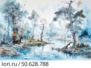 Watercolor landscape illustration depicting a quiet forest lake surrounded by tall trees. Soft transitions of bluish, gray-blue and foggy tones create an atmosphere of peace, calm and early morning. The mirror-like surface of the water reflects the curved tree trunks and the sky, emphasizing the depth of the composition. Ideal for themes of nature, solitude, harmony, forest walks and artistic design of interiors or printed materials. Стоковое AI-изображение, AI-художник Анна Кривицкая / Фотобанк Лори