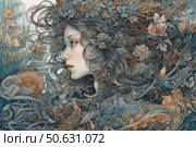 An art nouveau illustration of a woman's profile, with her hair intertwined with a variety of plant, marine and fairytale elements. Her image combines natural forms - flowers, leaves, fish, corals, insects - with architectural motifs in the background. The color scheme is muted blue, gray and gold. The work is rich in details, creating a sense of an endless flow of images. This fantastic composition is ideal for book design, posters, design projects, as well as fantasy and art deco products. Стоковое AI-изображение, AI-художник Анна Кривицкая / Фотобанк Лори