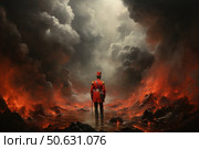 An epic digital illustration in the fantasy or post-apocalyptic genre. In the center of the composition is a lone figure of a man in a ceremonial red uniform with a sabre on his back, standing in the middle of a fiery landscape. Flames rage around, dark and light clouds swirl above the ground, as if dividing heaven and hell. Light breaks through the smoke, creating a sense of a fateful moment, an internal struggle or a final choice. Ideal for posters, covers, film and game art, concept design and philosophical visual projects. Стоковое AI-изображение, AI-художник Анна Кривицкая / Фотобанк Лори
