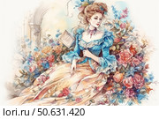 Watercolor illustration in the style of romantic classics, depicting an elegant girl in a luxurious historical outfit among a lush flower garden. Her dress is decorated with ruffles and floral patterns, and her hair is gathered in an exquisite hairstyle. Around her are various roses, leaves and butterflies in pastel colors. The illustration is filled with lightness, grace and an atmosphere of dreamy beauty. Ideal for decorating postcards, posters, book covers, cosmetics packaging and design in vintage or Provencal style. Стоковое AI-изображение, AI-художник Анна Кривицкая / Фотобанк Лори