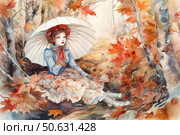 Watercolor illustration in a romantic style: a young girl in a vintage dress with lace and floral ornament sits in an autumn forest, holding a light umbrella above her. Her outfit and hairstyle refer to the fashion of the 19th century. Around are birch trees and colorful maple leaves in warm autumn shades. The atmosphere is melancholic and poetic, like a scene from a sentimental story. Suitable for themes of romance, autumn, retro style, fashion and seasonal mood. Стоковое AI-изображение, AI-художник Анна Кривицкая / Фотобанк Лори