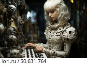 A fantastic digital illustration in the style of dark fantasy or cybergothic. A young woman with platinum hair and porcelain skin is depicted behind a mysterious control panel. Her suit is decorated with complex bas-reliefs, skulls and holes, creating an image between organic and machine. Around her are bizarre and sinister sculptures and masks, reminiscent of a post-apocalyptic temple or laboratory. The illustration is ideal for the themes of futurism, cyberpunk, dark aesthetics, gothic, sci-fi and art projects. Стоковое AI-изображение, AI-художник Анна Кривицкая / Фотобанк Лори