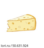 Cheese wedge, illustrated style, with bite taken out, isolated on a white background, copy space. Стоковое AI-изображение, AI-художник Елена Скрипкина / Фотобанк Лори