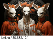 A fantastic art portrait of three anthropomorphic creatures with features of a doe or kangaroo, dressed in luxurious clothes. The central figure in a white robe is adorned with many pearl ornaments, the two side ones are in bright orange outfits with orange flowers in their hands and wreaths. The image is designed in the style of Art Deco with elements of fantasy and symbolism. The black background with an ornament enhances the contrast and emphasizes the mystical, almost cult atmosphere of the composition. Ideal for themes of mythology, alternative fashion, art and digital collections. Стоковое AI-изображение, AI-художник Анна Кривицкая / Фотобанк Лори