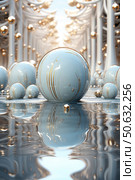 Modern 3D illustration with abstract futuristic design. In the foreground are large glossy spheres of soft blue color with graceful golden lines. They are placed on a mirror water surface, creating the effect of soft reflection. In the background is a series of arched structures with many floating golden balls, giving the composition a sense of symmetry, depth and lightness. The scene is filled with harmony, elegance and a sense of modern art. Стоковое AI-изображение, AI-художник Анна Кривицкая / Фотобанк Лори