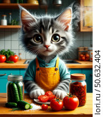 Антропоморфный котенок-повар консервирует овощи на кухне. Стоковое AI-изображение, AI-художник Margo / Фотобанк Лори
