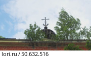 Dilapidated onion-shaped dome, embellished with Orthodox cross, dominates a brick church, now enveloped in foliage. Стоковое видео, видеограф Strunov David / Фотобанк Лори