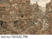 A detailed illustration of a fantasy medieval town, immersed in the hustle and bustle of a trading day. Narrow streets, multi-layered houses with balconies, shops and signs form a dense architectural structure. People of all classes are busy with their own affairs: someone is trading, someone is building, someone is just walking. Boats on the canal, artisans, musicians and children are visible. The atmosphere is reminiscent of a fairy-tale market or a scene from an adventure novel. The work is done in sepia style with many small details, which makes it interesting for a long look. Стоковое AI-изображение, AI-художник Анна Кривицкая / Фотобанк Лори