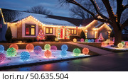 extravaganza christmas lights on houses ai generated. Стоковое AI-изображение, AI-художник Vectorwin / Фотобанк Лори