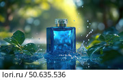 A bottle of cologne is sitting in a pool of water with leaves floating on top. Стоковое AI-изображение, AI-художник Ярославский Максим / Фотобанк Лори