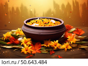 Clay pot overflowing with sweet pongal celebrating pongal festival. Стоковое AI-изображение, AI-художник Иван Рябоконь / Фотобанк Лори