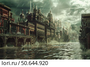 Flooded city with ornate buildings and dark cloudy sky. Стоковое AI-изображение, AI-художник Иван Рябоконь / Фотобанк Лори