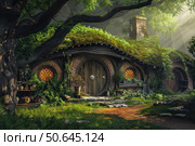 Cozy hobbit house nestled in a lush green forest. Стоковое AI-изображение, AI-художник Иван Рябоконь / Фотобанк Лори
