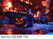Halloween pumpkin and potion bottle glowing on table with spider webs. Стоковое AI-изображение, AI-художник Иван Рябоконь / Фотобанк Лори