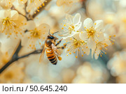 Honey bee pollinating white flowers in spring blossom. Стоковое AI-изображение, AI-художник Иван Рябоконь / Фотобанк Лори