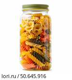 Colorful italian pasta variety stored in glass jar preserving freshness. Стоковое AI-изображение, AI-художник Иван Рябоконь / Фотобанк Лори