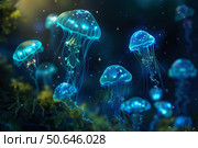 Glowing jellyfish swimming in dark ocean depths with bioluminescent light. Стоковое AI-изображение, AI-художник Иван Рябоконь / Фотобанк Лори