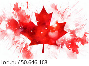 Canadian flag maple leaf with red and white paint splatter effect. Стоковое AI-изображение, AI-художник Иван Рябоконь / Фотобанк Лори