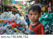 Young boy standing near pile of garbage in impoverished area. Стоковое AI-изображение, AI-художник Иван Рябоконь / Фотобанк Лори