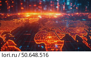 Digital World Map Illuminated in Orange Hues With City Lights and Data Connections. Стоковое AI-видео, аниматор Юлия Гапеенко / Фотобанк Лори