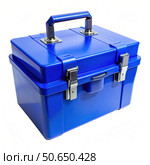 Blue Plastic Tool Box With Metal Clasps and Handle. Generative AI. Стоковое AI-изображение, AI-художник Roman Zavorotny / Фотобанк Лори