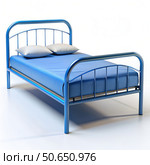 Blue Metal Bed Frame With Pillows On White Background. Generative AI. Стоковое AI-изображение, AI-художник Roman Zavorotny / Фотобанк Лори