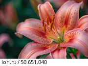 Close up of blooming pink asiatic lily showing petals and stamens. Стоковое AI-изображение, AI-художник Иван Рябоконь / Фотобанк Лори